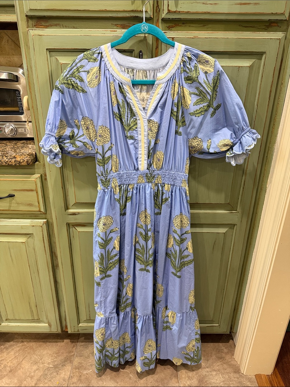 Umgee Light Blue Floral Puff-Sleeve Kids Dress with Yellow Accents